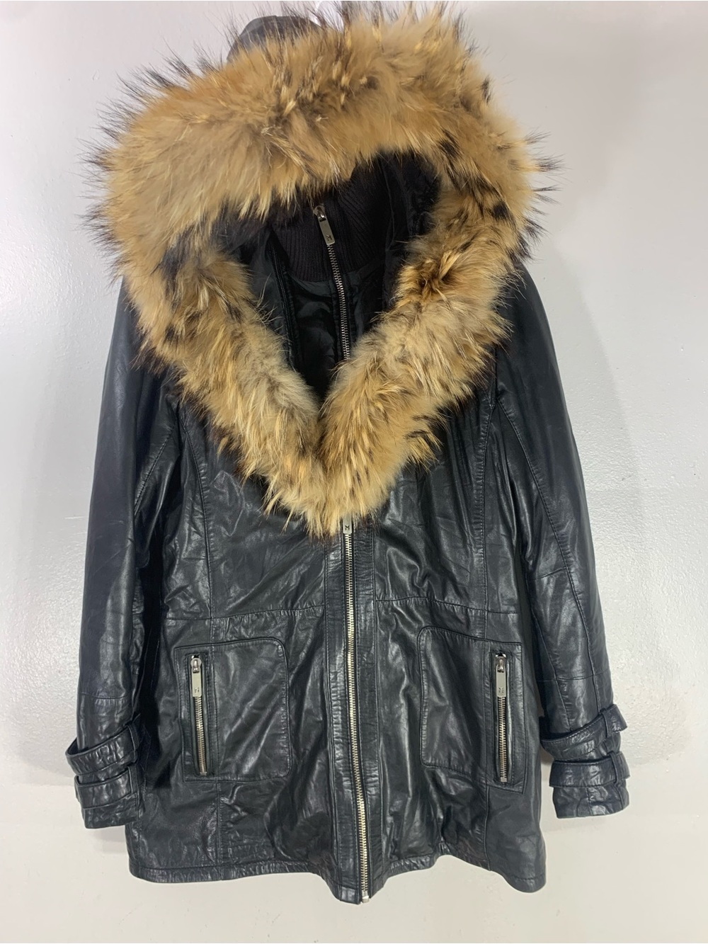 Mauritius Genuine Leather Parka Jacket Black Fur Hood Women’s